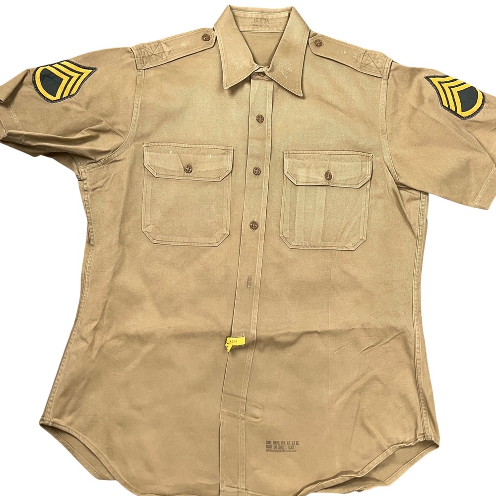 US Army Shirt Men 16x34 Khaki‎ Sargent Epaulets Patches Military Uniform VTG